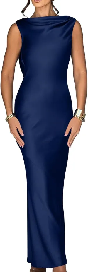 Memoriesea Women's Satin Elegant Sleeveless High Neck Tie Cocktail Party Maxi Dress