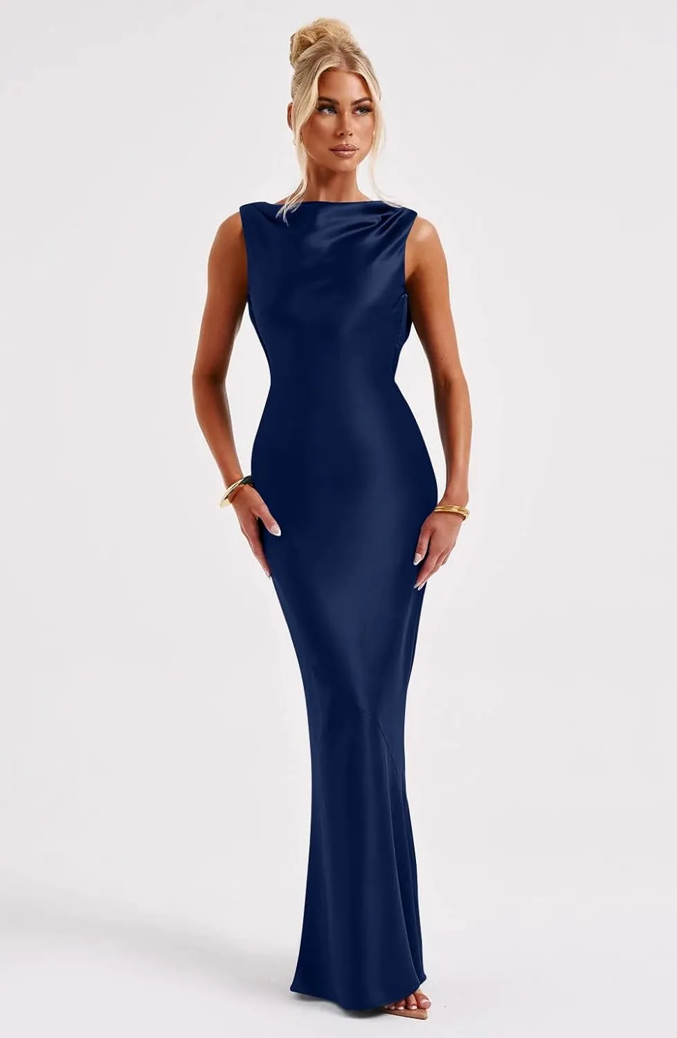 Memoriesea Women's Satin Elegant Sleeveless High Neck Tie Cocktail Party Maxi Dress