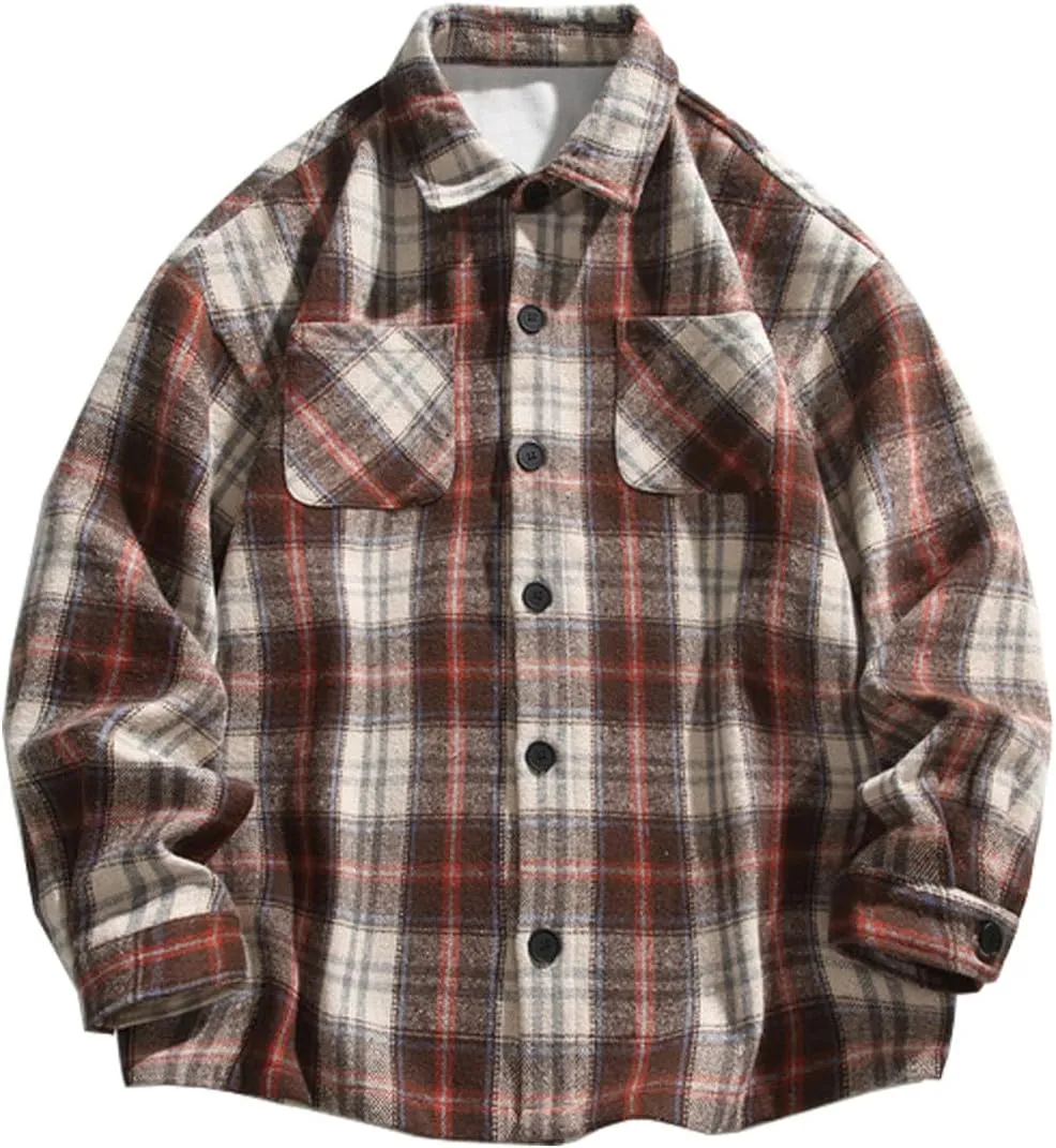 Mens Oversized Plaid Shirts Loose Comfy Flannel Classic Lapel Button Down Long Sleeve Shirt Fashion Fall Thin Shirt Coat