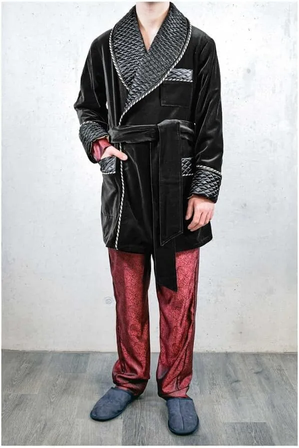 Men's Velvet Robes Quilted Cord Piping Smoking Jackets Evening Wear Smoking Robes Party Wear