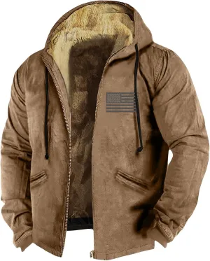 Mens Winter Jacket Winter Warm Hoodies Vintage Printed Jackets Sherpa Fleece Lined Coats Full Zipper Outwear