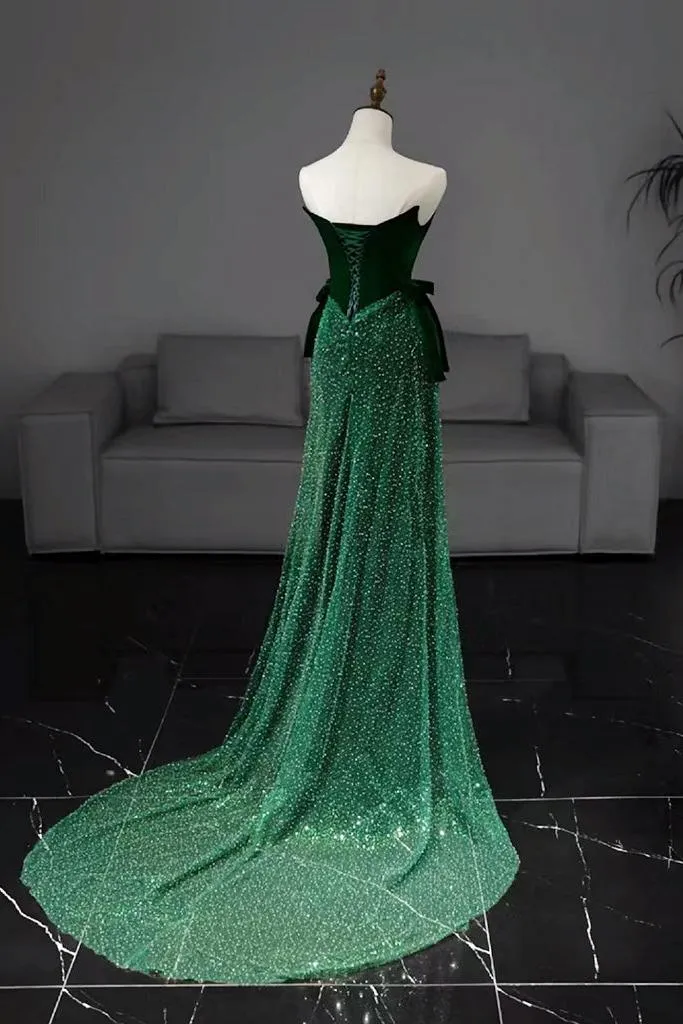 Mermaid Prom Dress Tulle Velvet Green Long Formal Evening Dress
