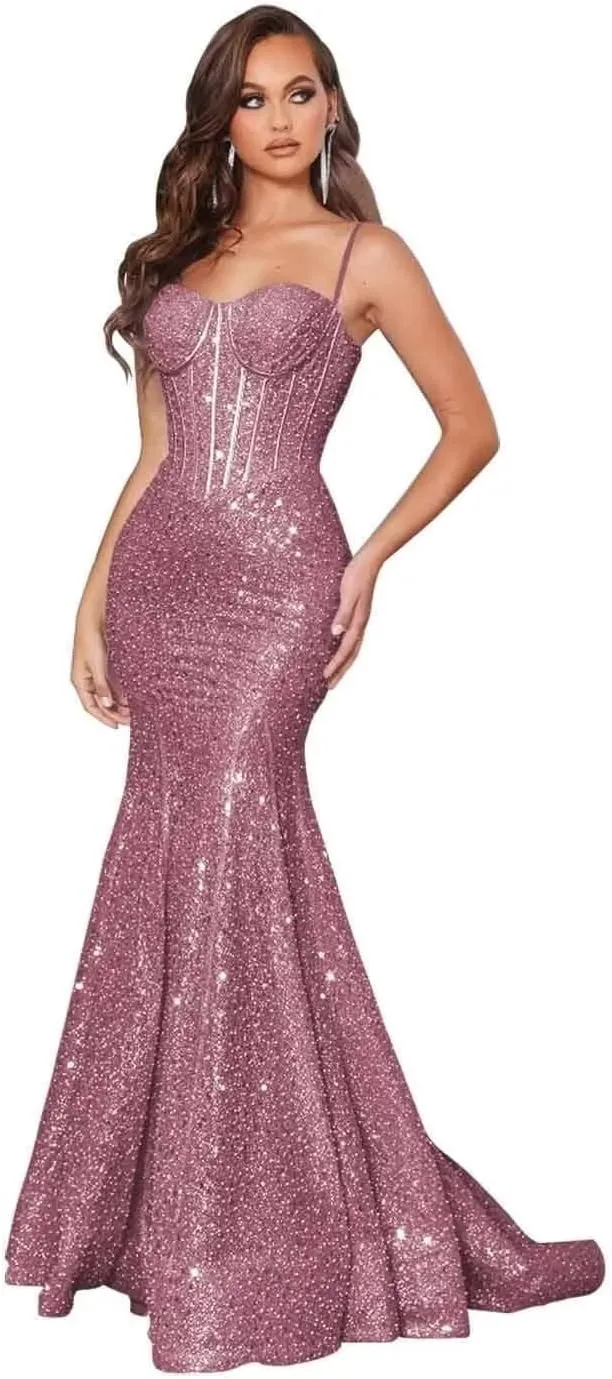 Mermaid Sequin Prom Dress Sparkly Spaghetti Straps Ball Gown Satin Formal Evening Dresses Pleated