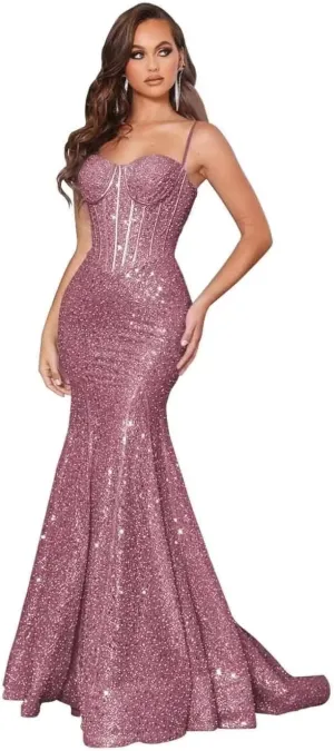 Mermaid Sequin Prom Dress Sparkly Spaghetti Straps Ball Gown Satin Formal Evening Dresses Pleated