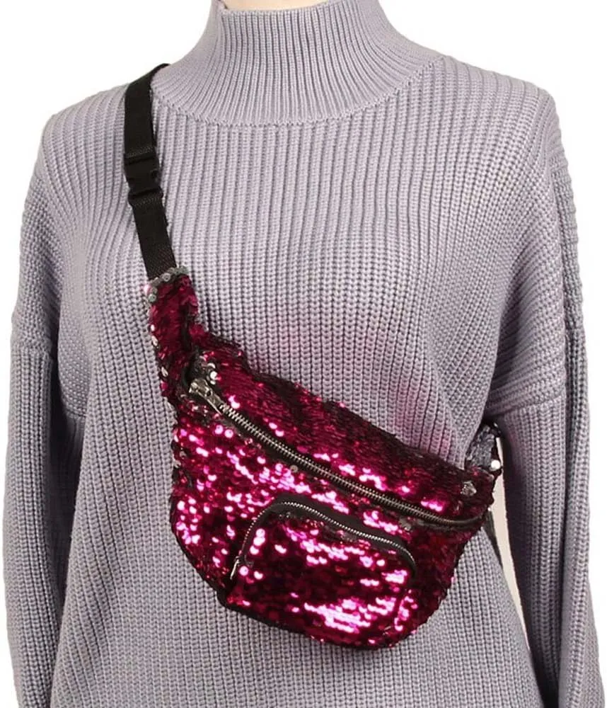 Mermaid Sequin Waist Pack Sport Outdoor Travel Riding Biking Bags Fashion Personality Cross Body Bag Shoulder Bag (Dblue), Rose red
