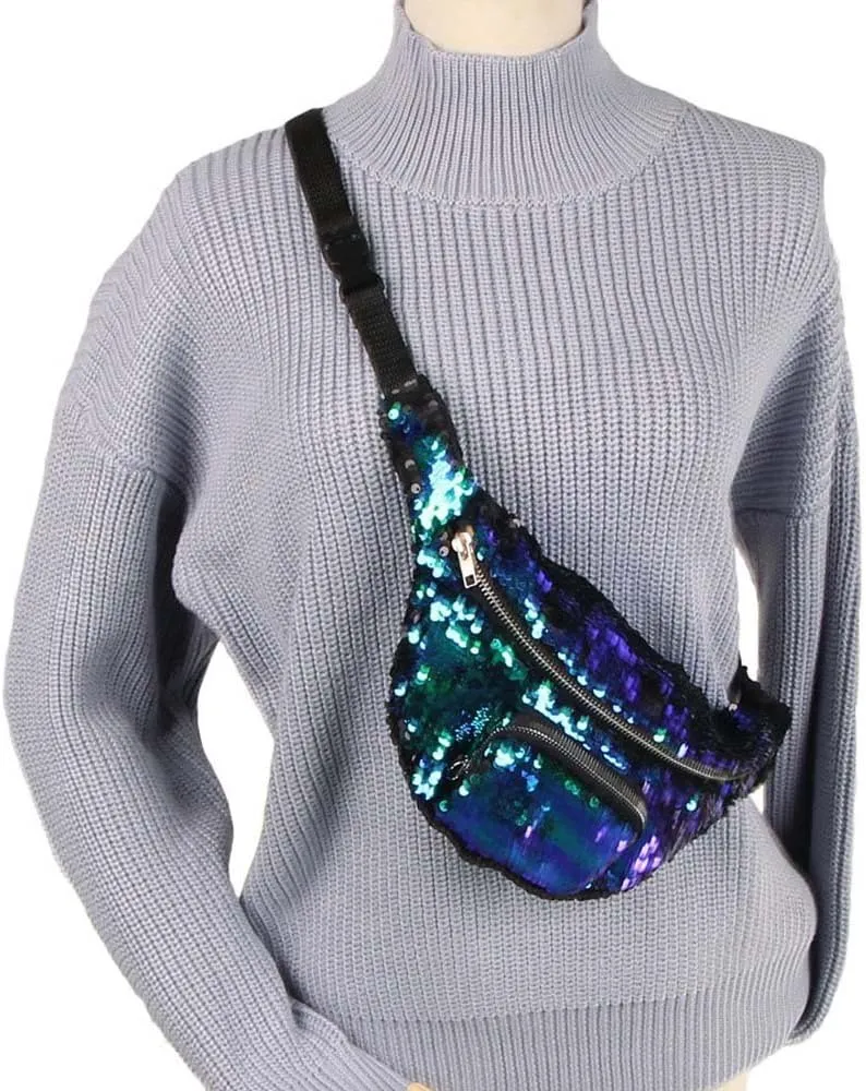 Mermaid Sequin Waist Pack Sport Outdoor Travel Riding Biking Bags Fashion Personality Cross Body Bag Shoulder Bag (Dblue)