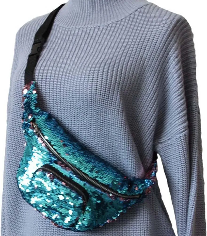 Mermaid Sequin Waist Pack Sport Outdoor Travel Riding Biking Bags Fashion Personality Cross Body Bag Shoulder Bag (Dblue)