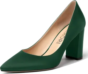 MERRORI Women's Dress Satin Pointed Toe Slip On Elegant Evening Chunky High Heel Pumps Shoes 3.3 Inch
