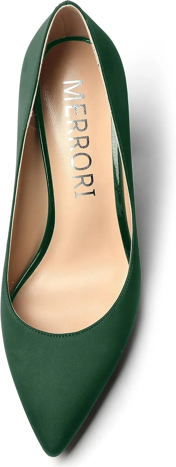 MERRORI Women's Dress Satin Pointed Toe Slip On Elegant Evening Chunky High Heel Pumps Shoes 3.3 Inch