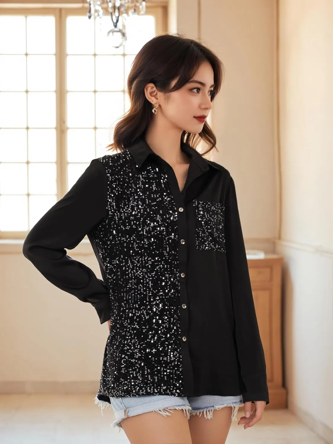Meufam Women Fashion Sequins Long Sleeve Shirt Solid Button Down Lapel Collar Glitter Sparkle Disco Tunic Tops Blouses