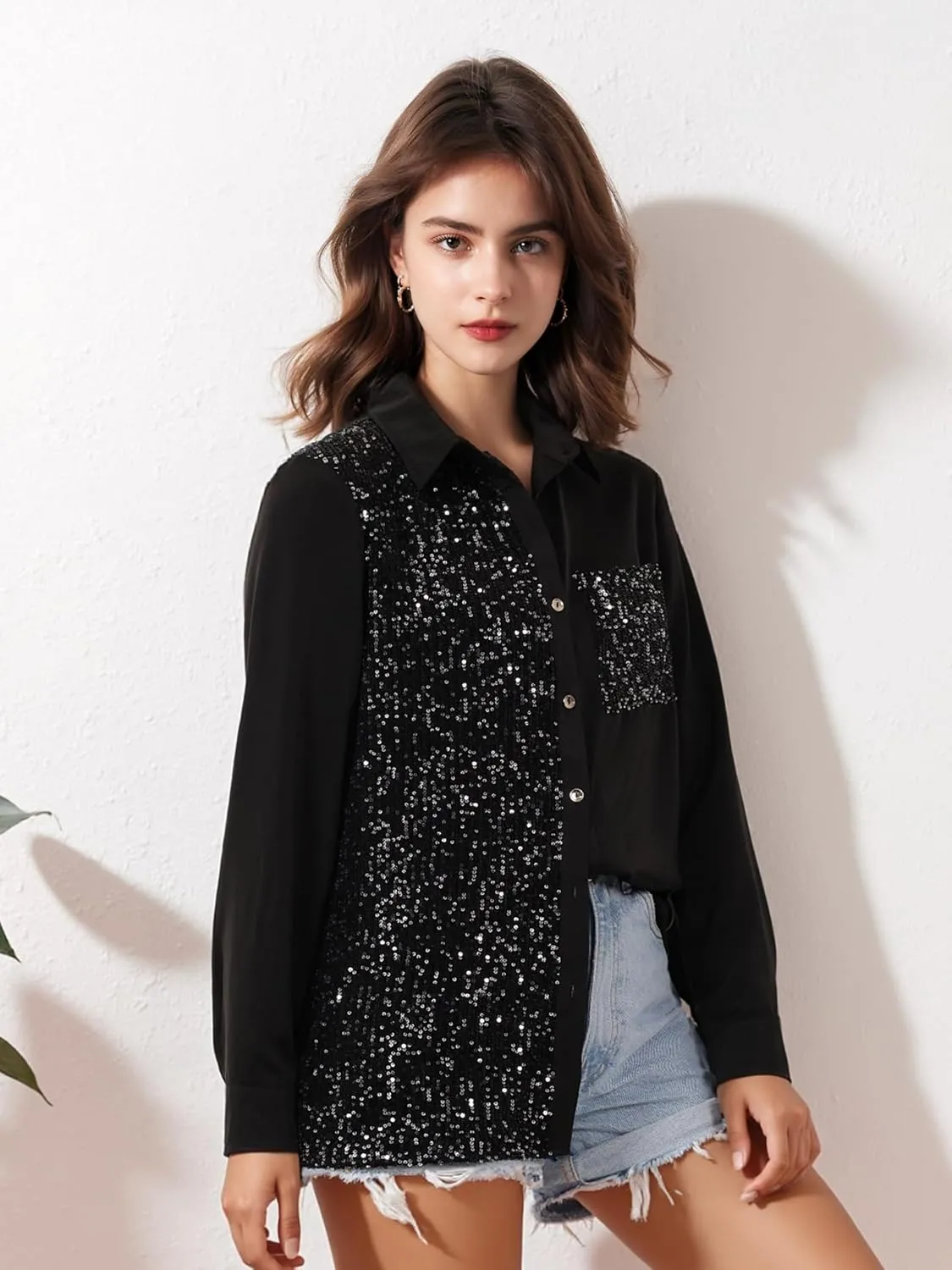 Meufam Women Fashion Sequins Long Sleeve Shirt Solid Button Down Lapel Collar Glitter Sparkle Disco Tunic Tops Blouses