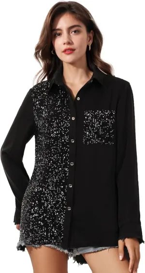 Meufam Women Fashion Sequins Long Sleeve Shirt Solid Button Down Lapel Collar Glitter Sparkle Disco Tunic Tops Blouses
