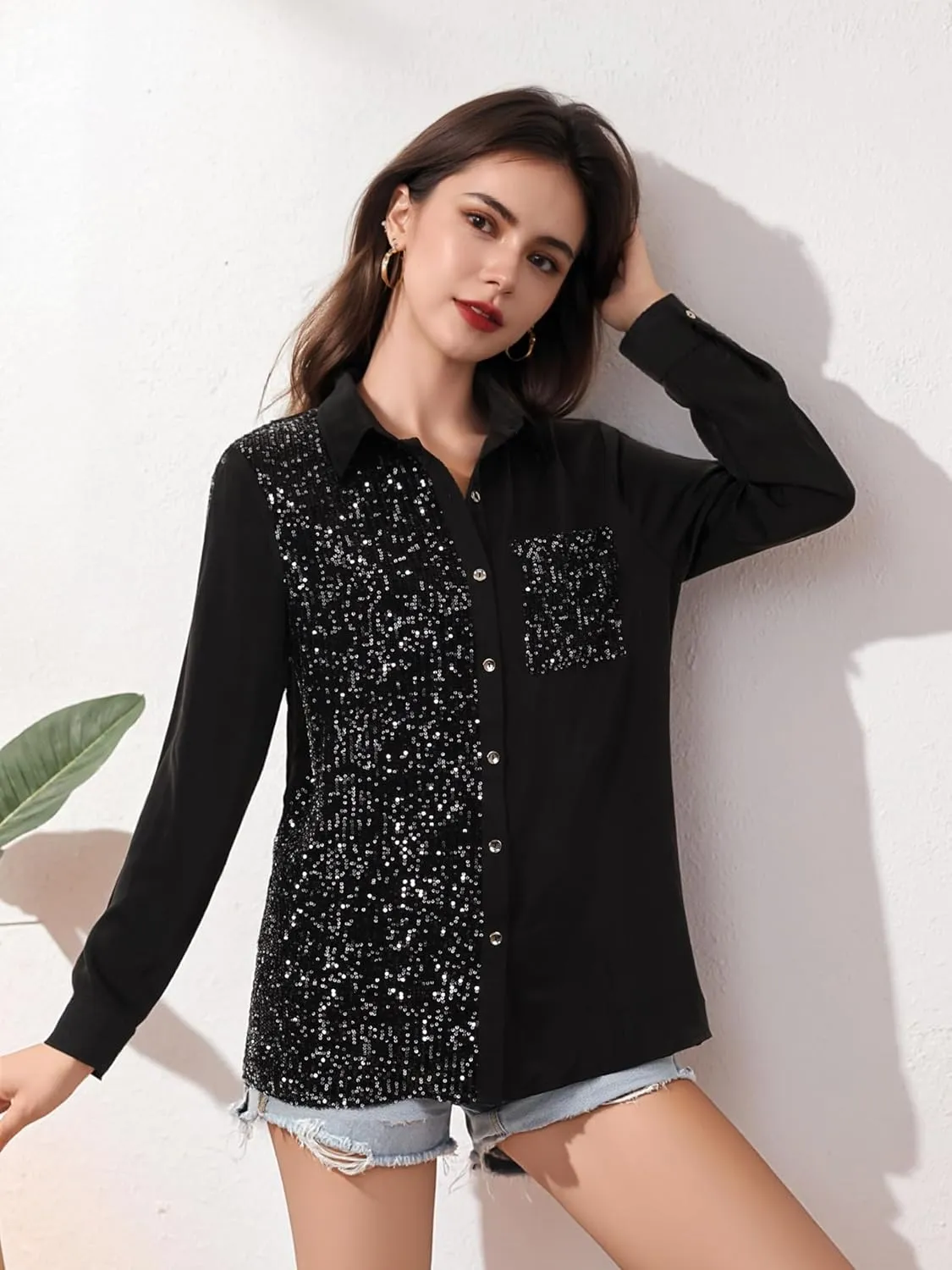 Meufam Women Fashion Sequins Long Sleeve Shirt Solid Button Down Lapel Collar Glitter Sparkle Disco Tunic Tops Blouses