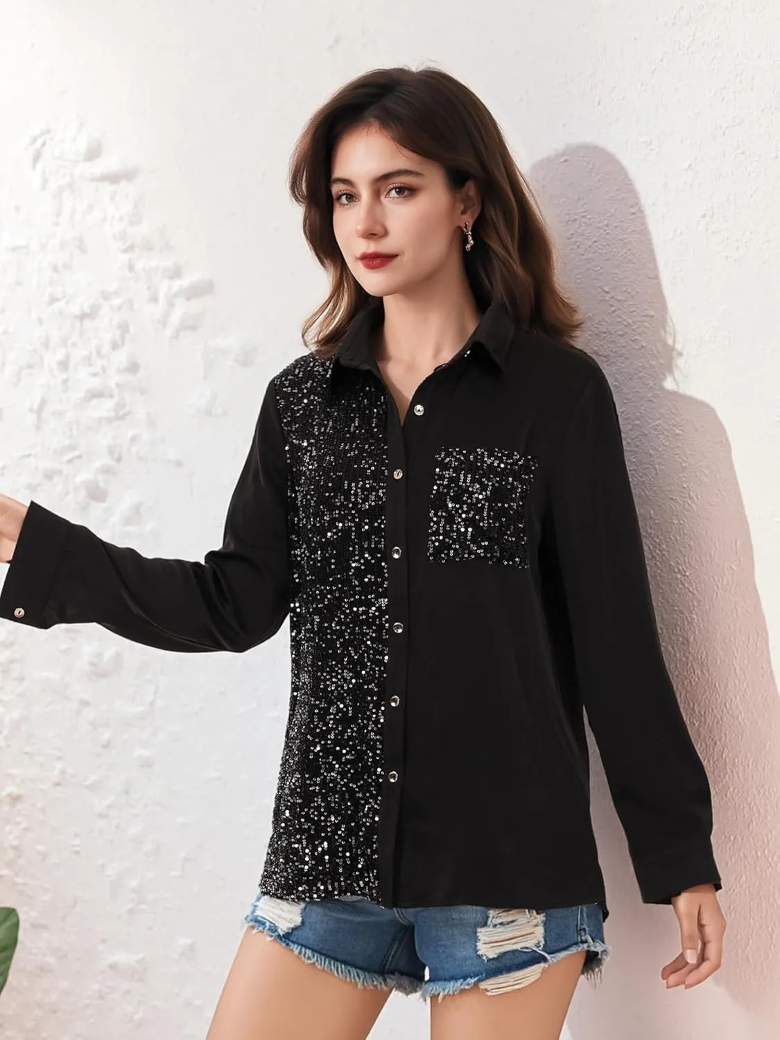 Meufam Women Fashion Sequins Long Sleeve Shirt Solid Button Down Lapel Collar Glitter Sparkle Disco Tunic Tops Blouses