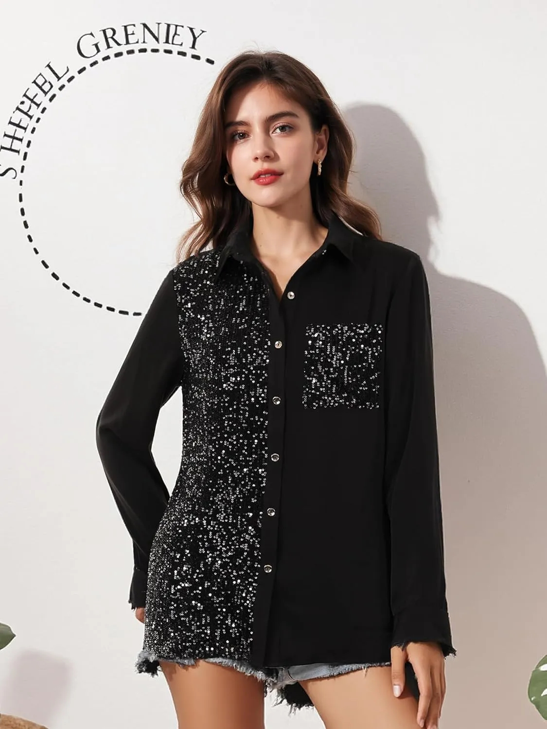 Meufam Women Fashion Sequins Long Sleeve Shirt Solid Button Down Lapel Collar Glitter Sparkle Disco Tunic Tops Blouses