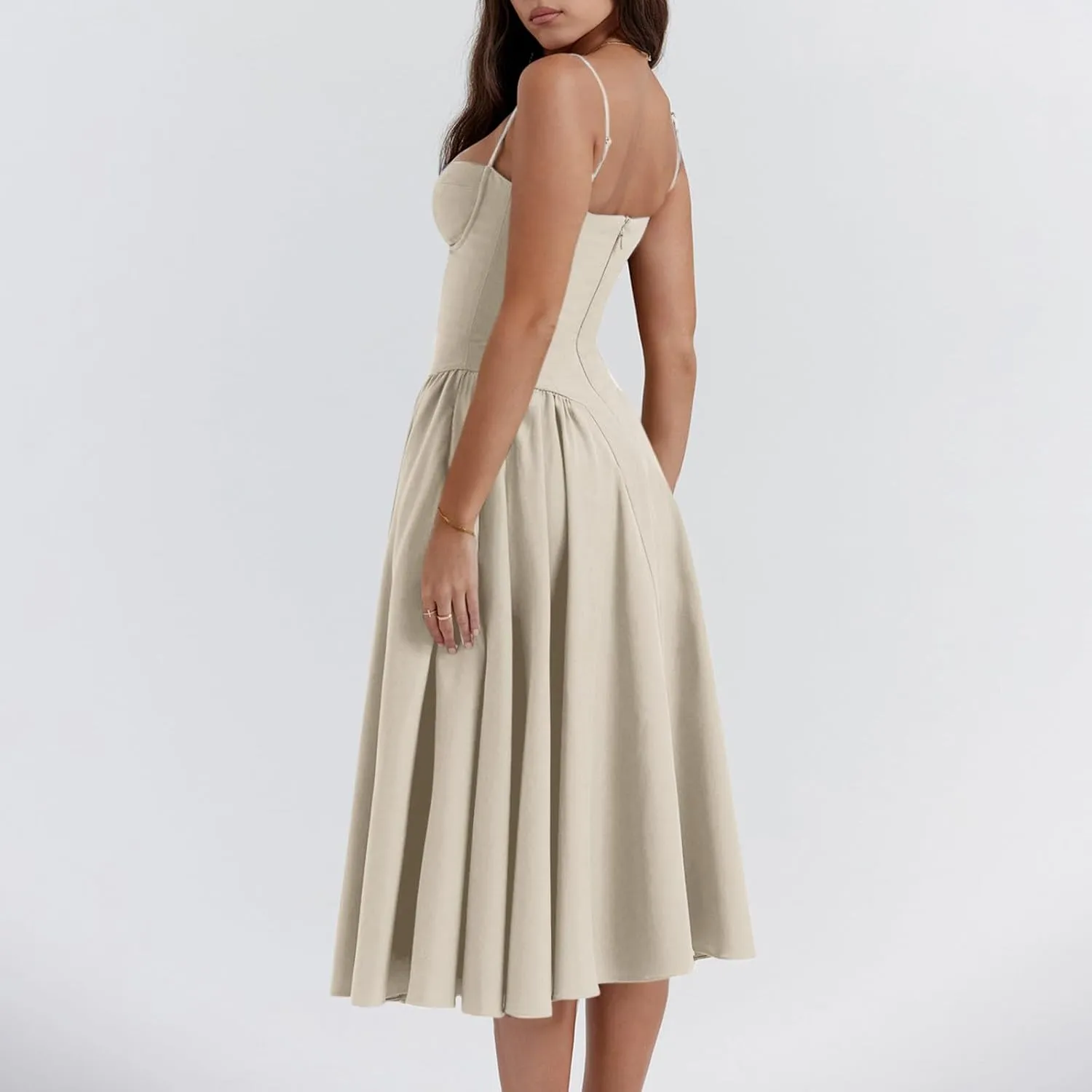 midelxp Womens Corset Dress Elegant Spaghetti Strap Bustier Midi Dress Low Cut Flowy Pleated Hem Formal Dresses with Pockets