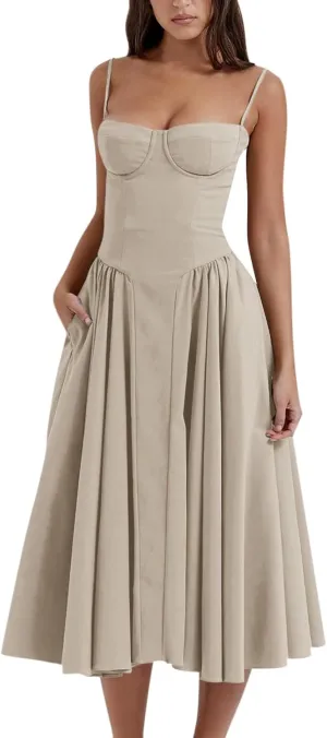 midelxp Womens Corset Dress Elegant Spaghetti Strap Bustier Midi Dress Low Cut Flowy Pleated Hem Formal Dresses with Pockets