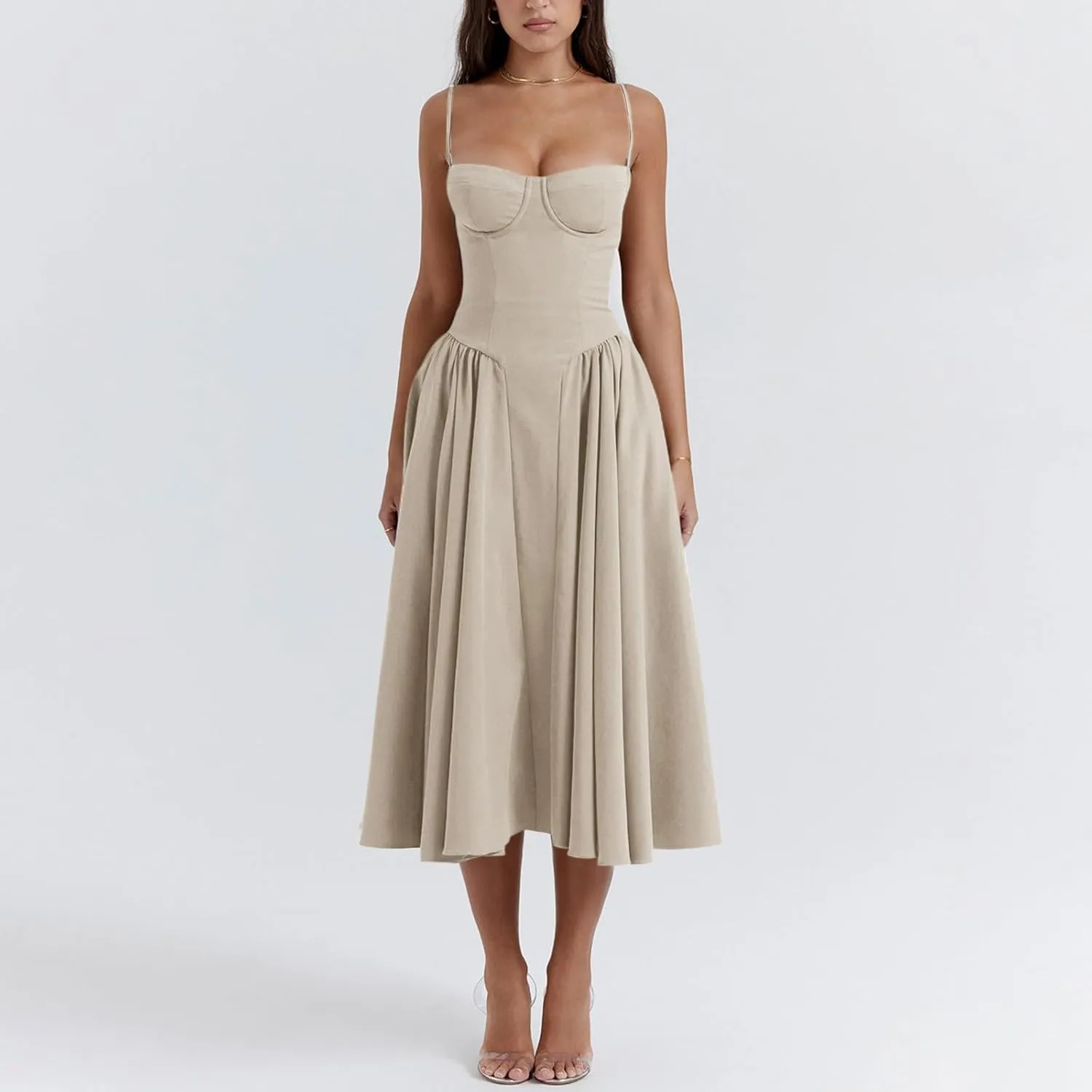midelxp Womens Corset Dress Elegant Spaghetti Strap Bustier Midi Dress Low Cut Flowy Pleated Hem Formal Dresses with Pockets