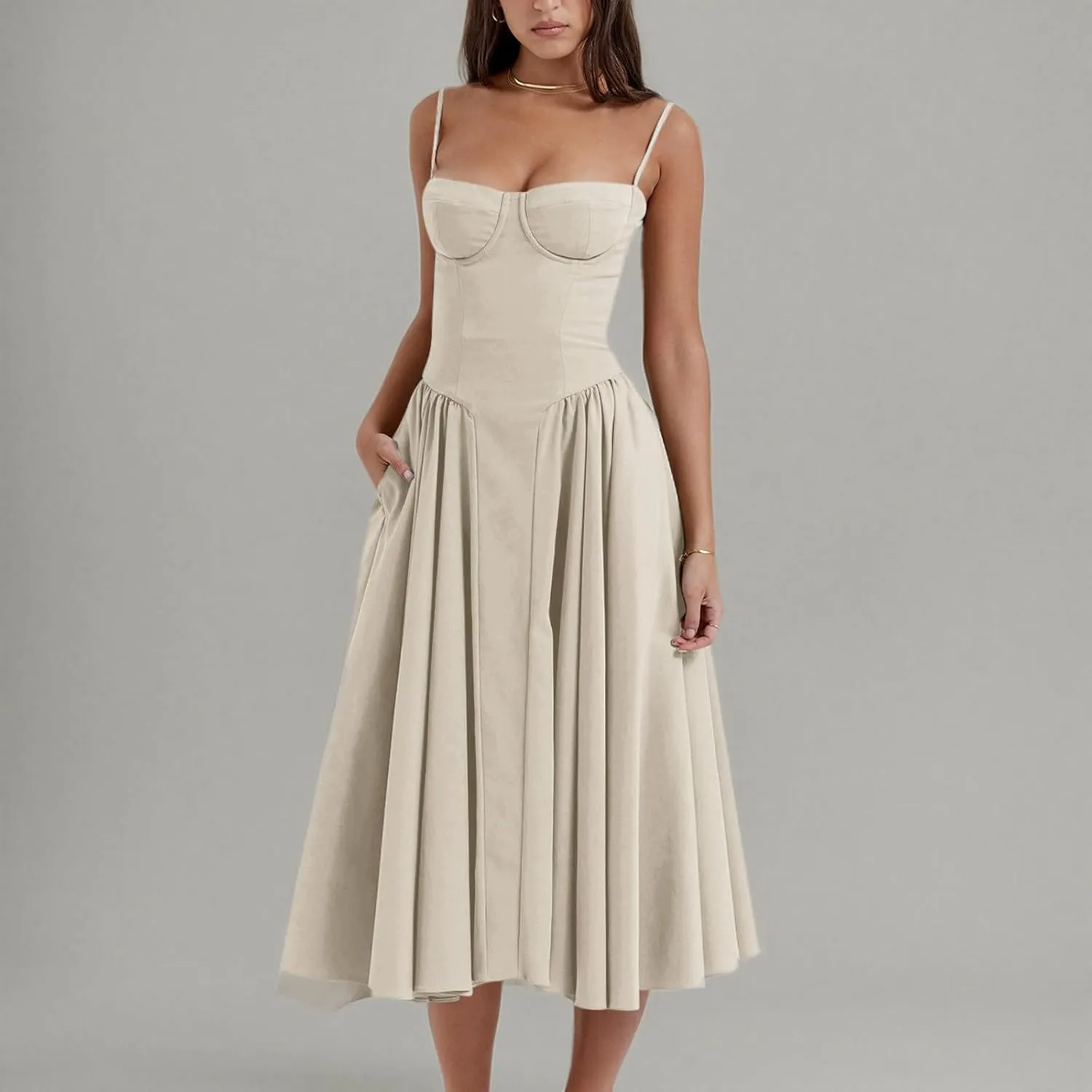 midelxp Womens Corset Dress Elegant Spaghetti Strap Bustier Midi Dress Low Cut Flowy Pleated Hem Formal Dresses with Pockets