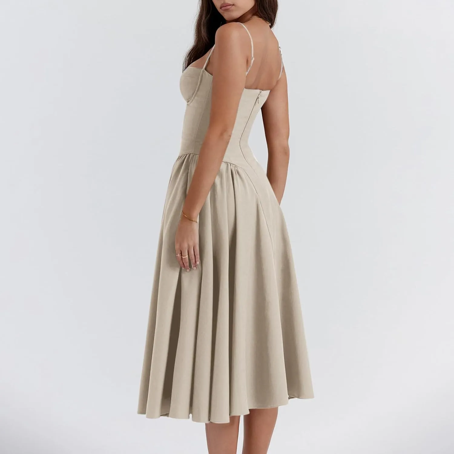 midelxp Womens Corset Dress Elegant Spaghetti Strap Bustier Midi Dress Low Cut Flowy Pleated Hem Formal Dresses with Pockets