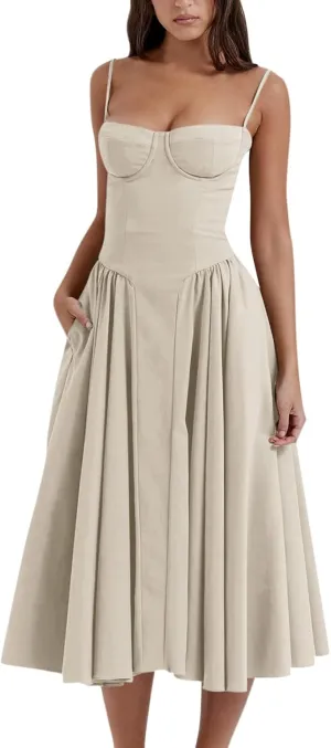 midelxp Womens Corset Dress Elegant Spaghetti Strap Bustier Midi Dress Low Cut Flowy Pleated Hem Formal Dresses with Pockets