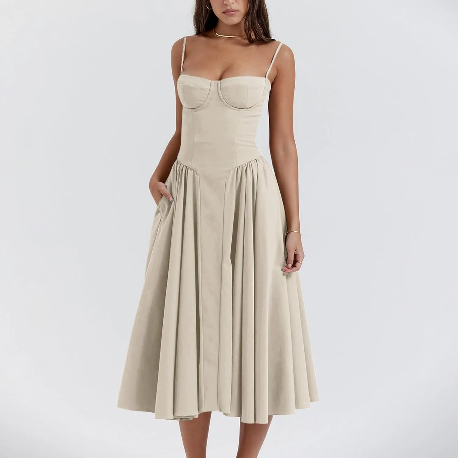 midelxp Womens Corset Dress Elegant Spaghetti Strap Bustier Midi Dress Low Cut Flowy Pleated Hem Formal Dresses with Pockets