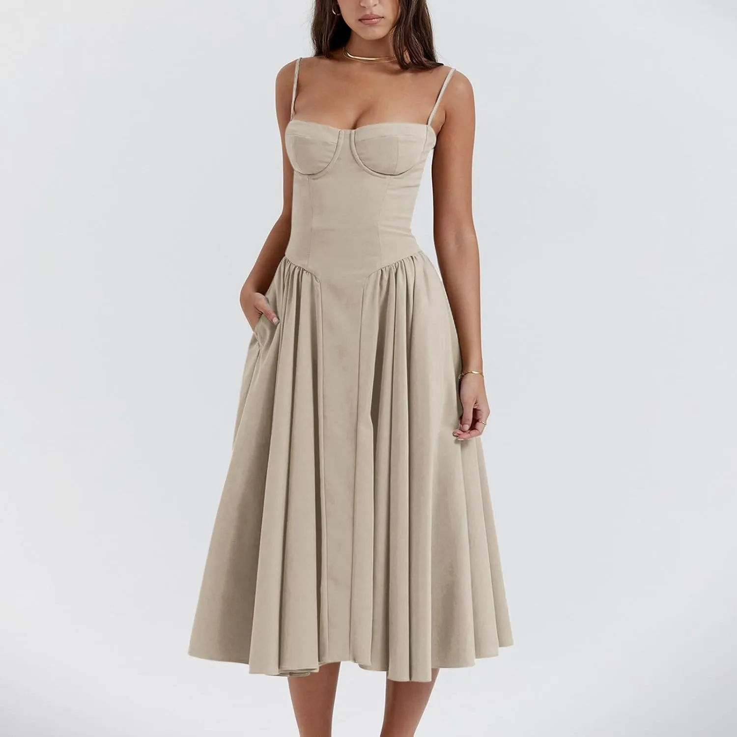 midelxp Womens Corset Dress Elegant Spaghetti Strap Bustier Midi Dress Low Cut Flowy Pleated Hem Formal Dresses with Pockets