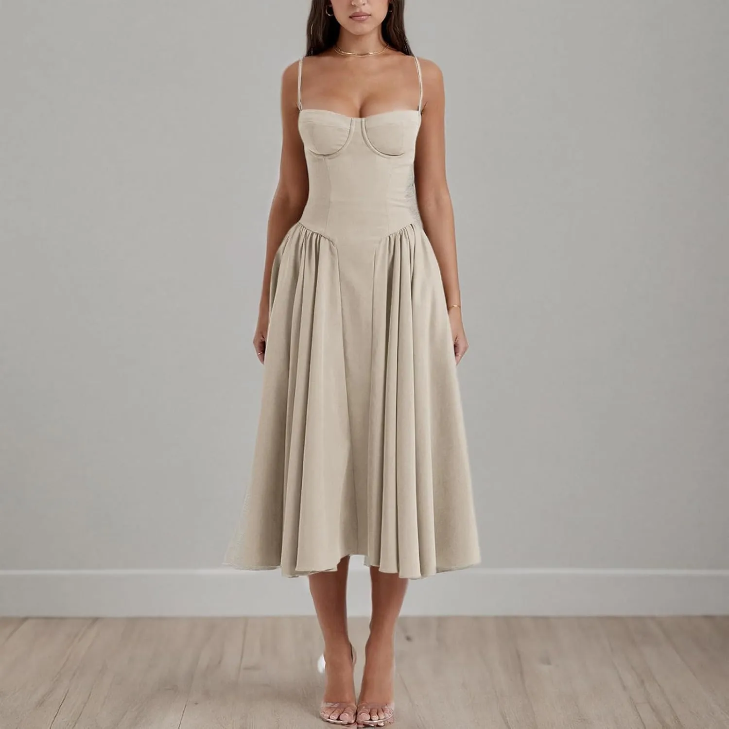 midelxp Womens Corset Dress Elegant Spaghetti Strap Bustier Midi Dress Low Cut Flowy Pleated Hem Formal Dresses with Pockets