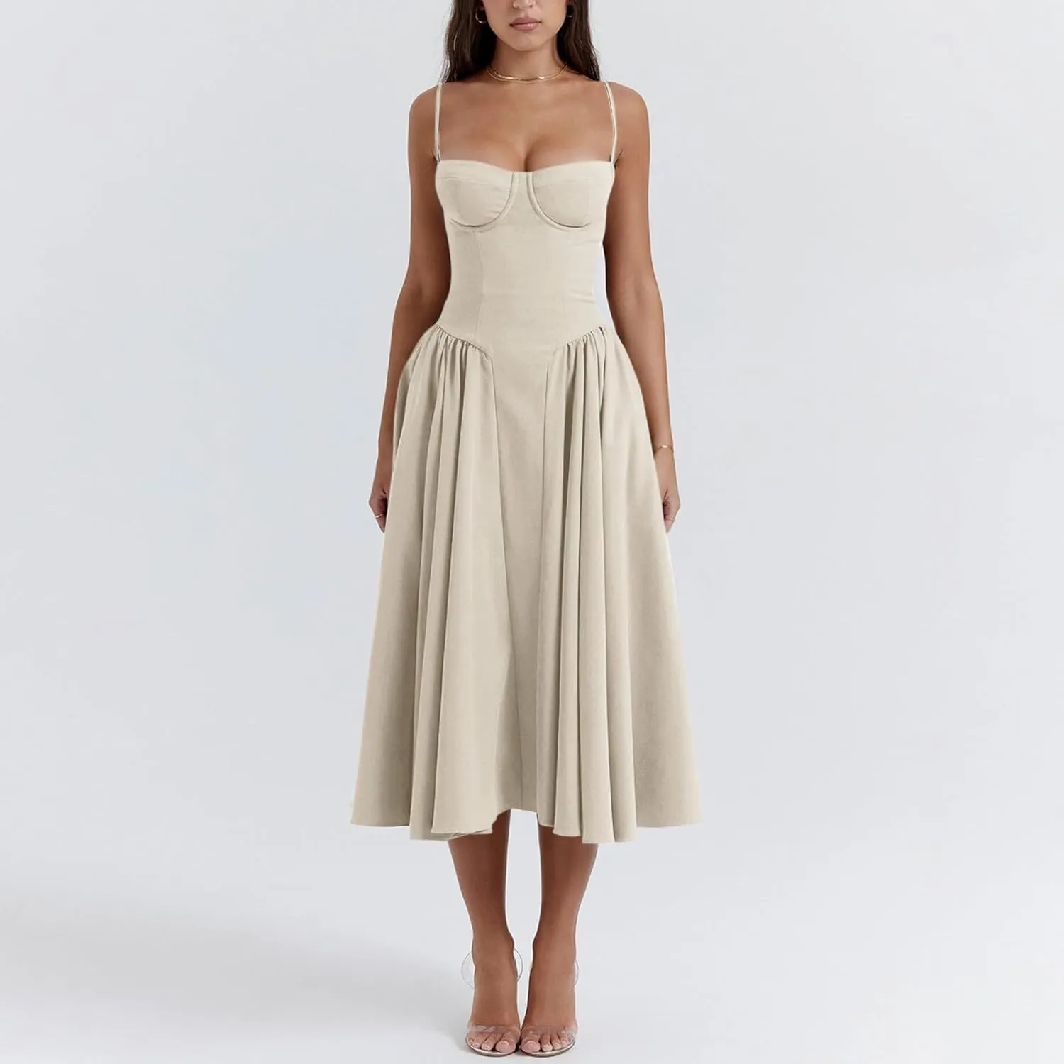 midelxp Womens Corset Dress Elegant Spaghetti Strap Bustier Midi Dress Low Cut Flowy Pleated Hem Formal Dresses with Pockets