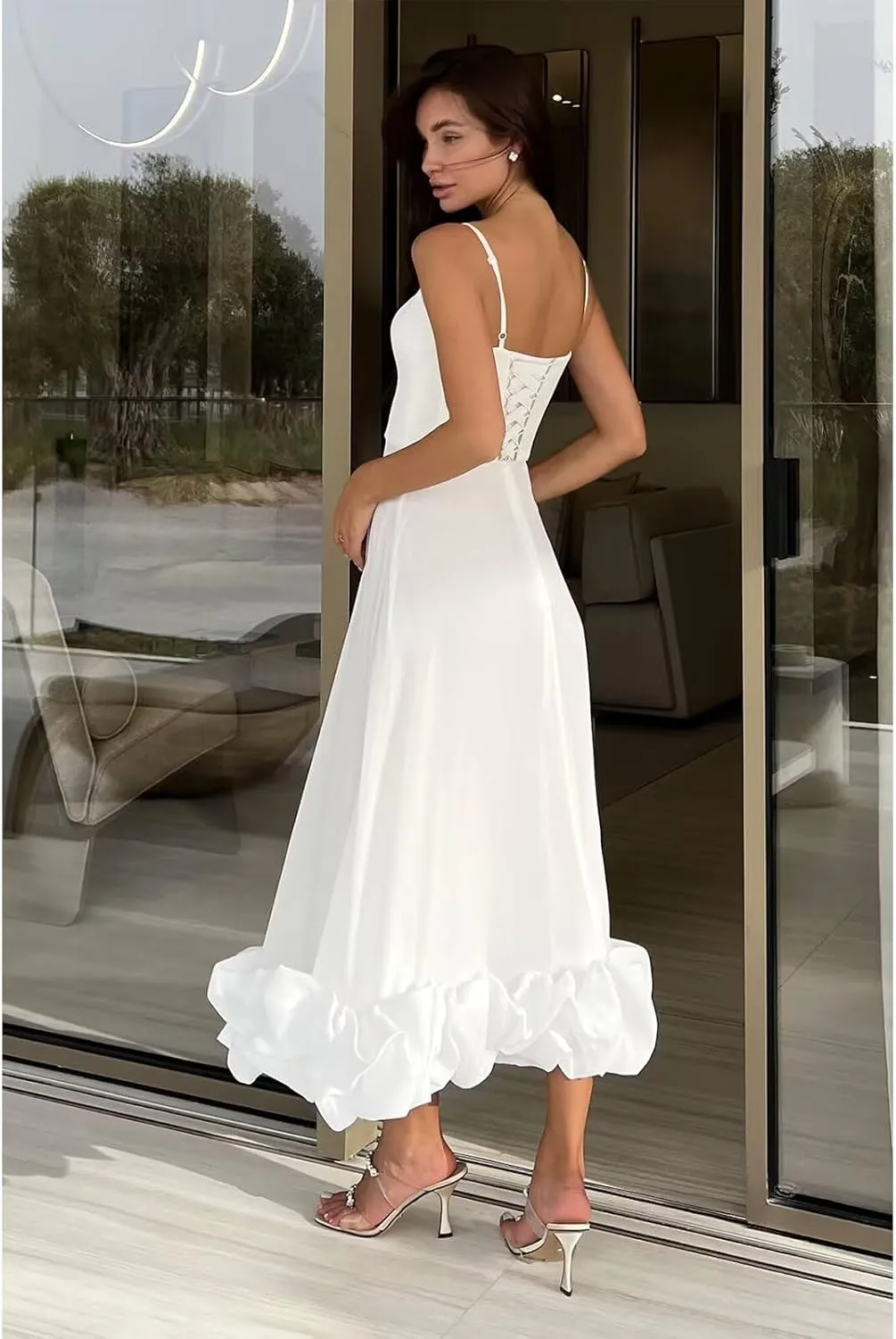 Midi Satin Prom Dresses for Women 2025 Tea Length Flounce Ruffle Formal Evening Party Gowns
