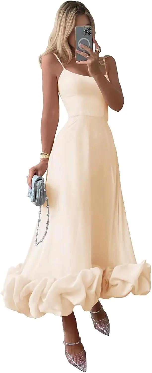 Midi Satin Prom Dresses for Women 2025 Tea Length Flounce Ruffle Formal Evening Party Gowns