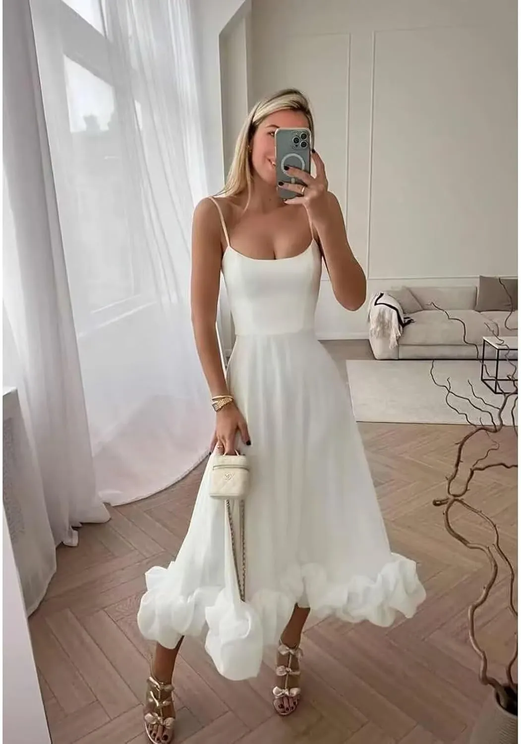 Midi Satin Prom Dresses for Women 2025 Tea Length Flounce Ruffle Formal Evening Party Gowns