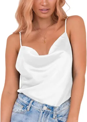 Miessial Women's Spaghetti Straps V Neck Satin Camisole Sleeveless Soft Tank Tops White 12