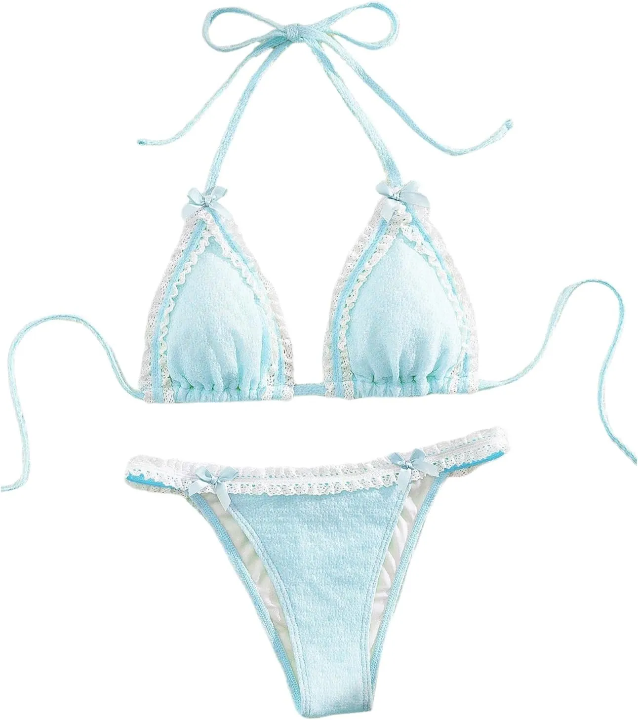 Milumia Women's Lace Trim Bow Tie Bikini Set Triangle Halter Cheeky 2 Piece Swimsuit