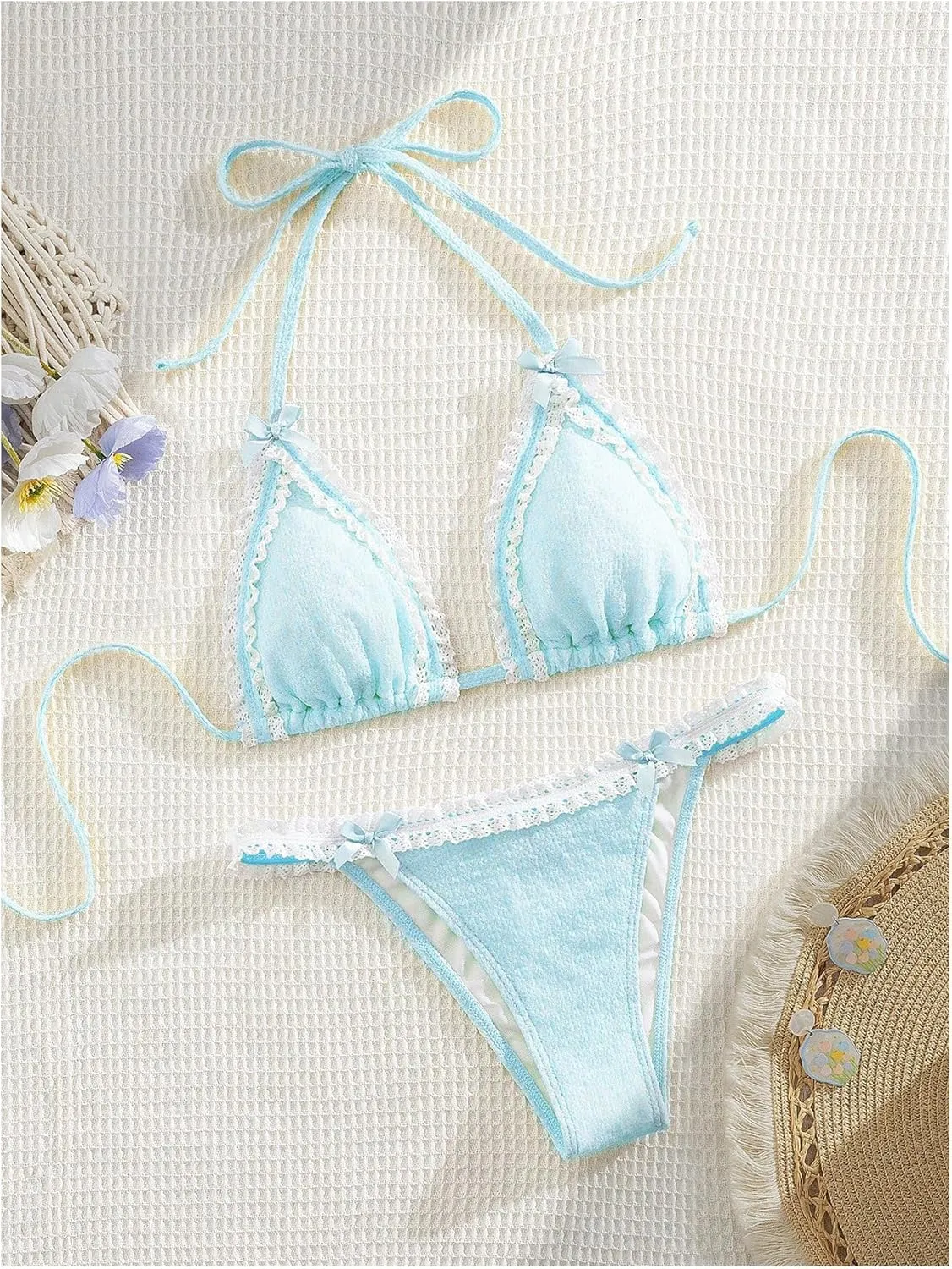 Milumia Women's Lace Trim Bow Tie Bikini Set Triangle Halter Cheeky 2 Piece Swimsuit