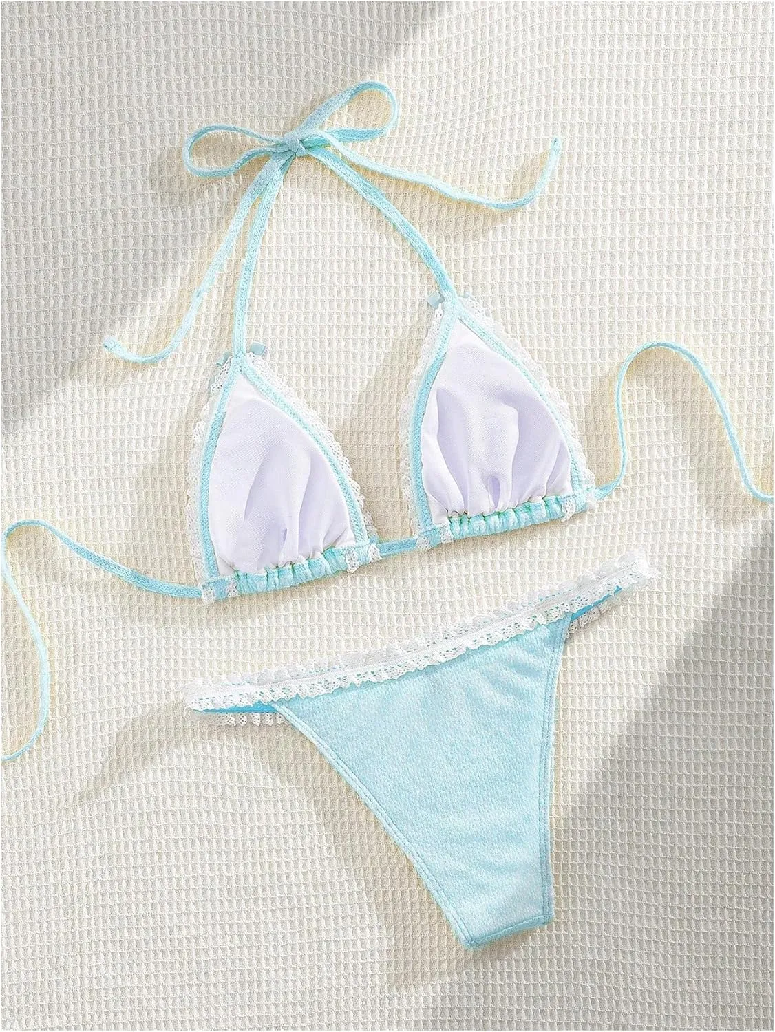 Milumia Women's Lace Trim Bow Tie Bikini Set Triangle Halter Cheeky 2 Piece Swimsuit