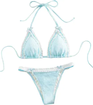 Milumia Women's Lace Trim Bow Tie Bikini Set Triangle Halter Cheeky 2 Piece Swimsuit