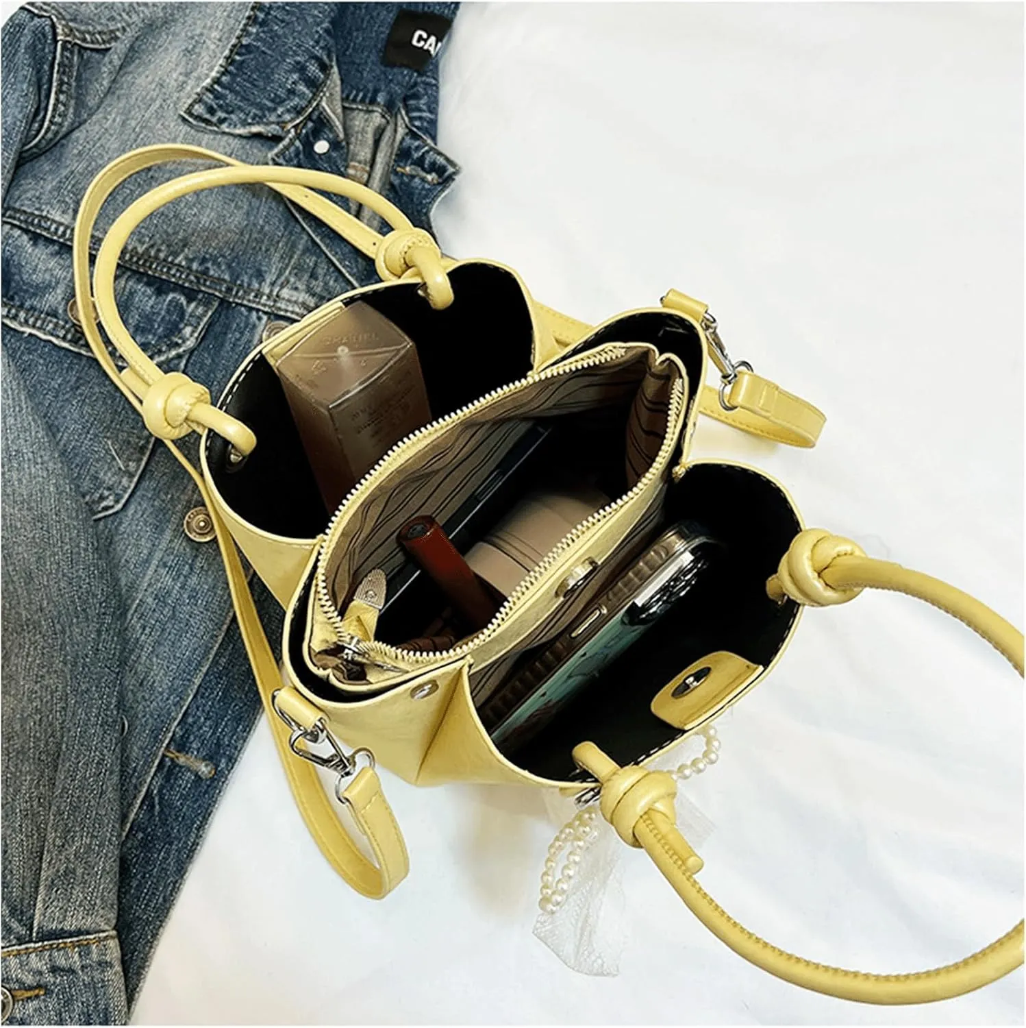 Mini Bucket Bag Vintage Bucket Purse Faux Leather Purse Bag with Pearl Bow Charm Crossbody Shoulder Handbag
