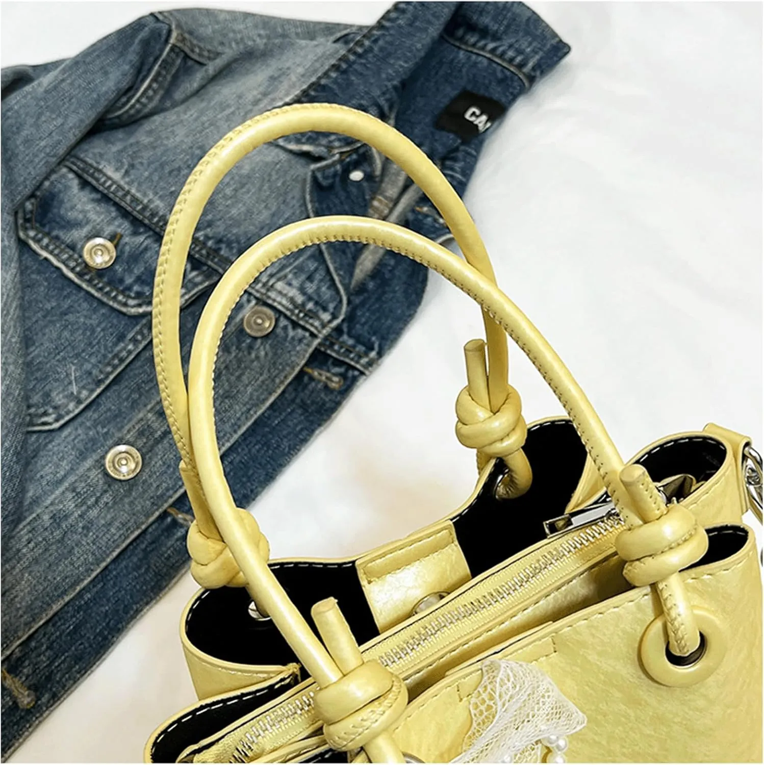 Mini Bucket Bag Vintage Bucket Purse Faux Leather Purse Bag with Pearl Bow Charm Crossbody Shoulder Handbag