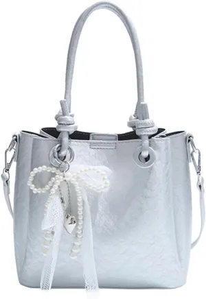 Mini Bucket Bag Vintage Bucket Purse Faux Leather Purse Bag with Pearl Bow Charm Crossbody Shoulder Handbag