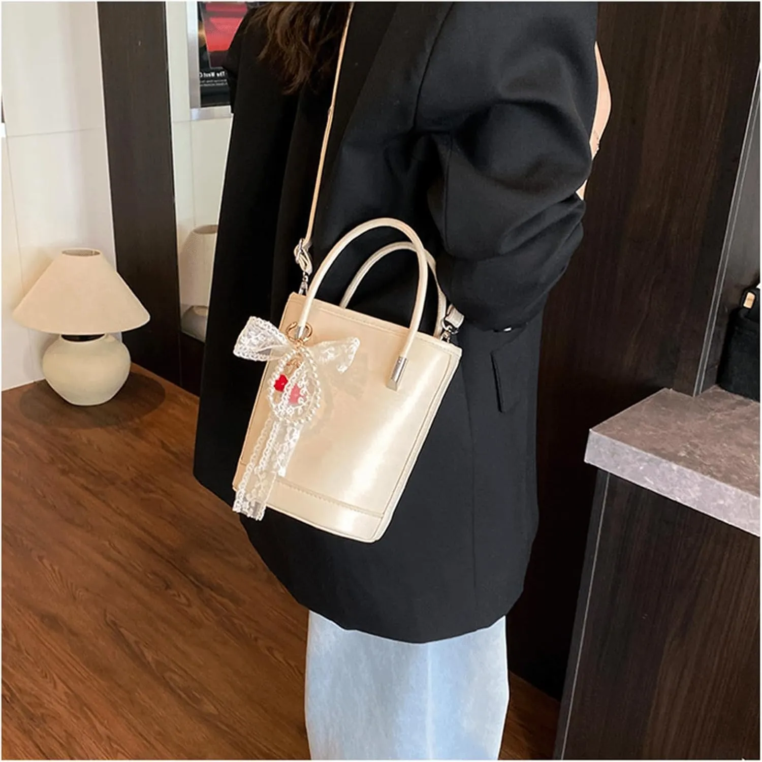 Mini Bucket Bag Vintage Leather Bucket Purse with Lace Bow and Pearl Charm Crossbody Shoulder Handbag