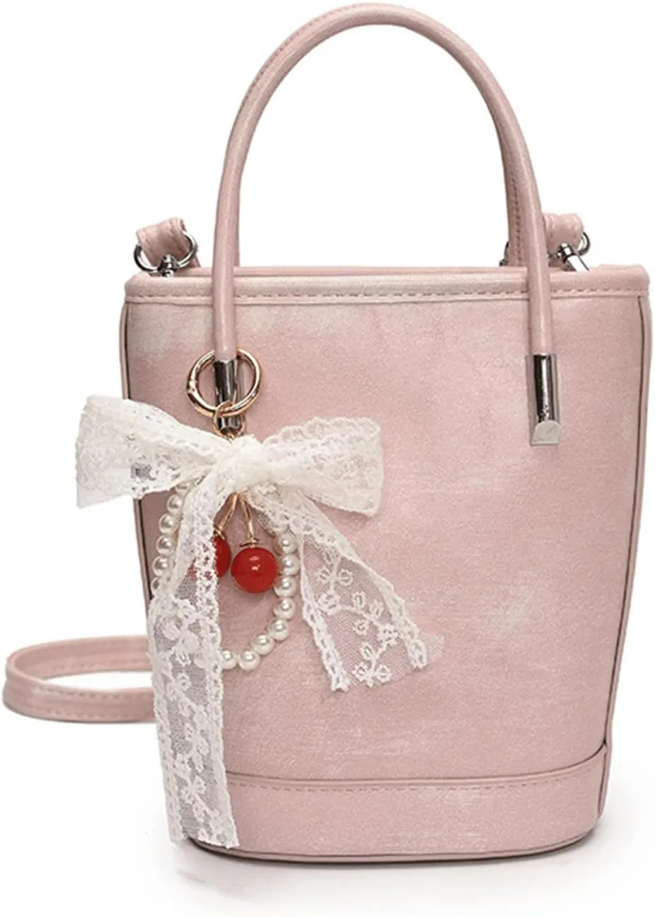 Mini Bucket Bag Vintage Leather Bucket Purse with Lace Bow and Pearl Charm Crossbody Shoulder Handbag