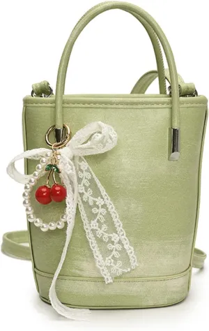 Mini Bucket Bag Vintage Leather Bucket Purse with Lace Bow and Pearl Charm Crossbody Shoulder Handbag