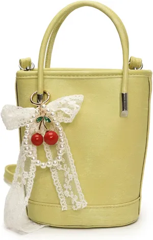 Mini Bucket Bag Vintage Leather Bucket Purse with Lace Bow and Pearl Charm Crossbody Shoulder Handbag
