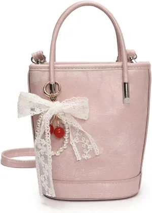 Mini Bucket Bag Vintage Leather Bucket Purse with Lace Bow and Pearl Charm Crossbody Shoulder Handbag