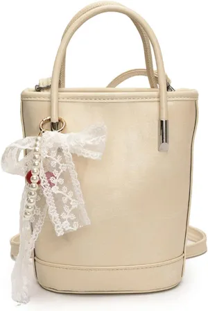 Mini Bucket Bag Vintage Leather Bucket Purse with Lace Bow and Pearl Charm Crossbody Shoulder Handbag