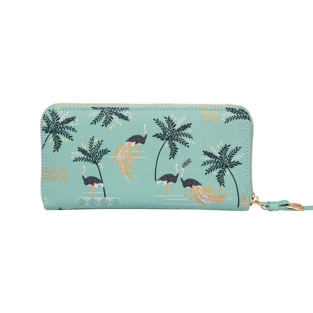 Mint Ostrich & Palms Large Zip Purse