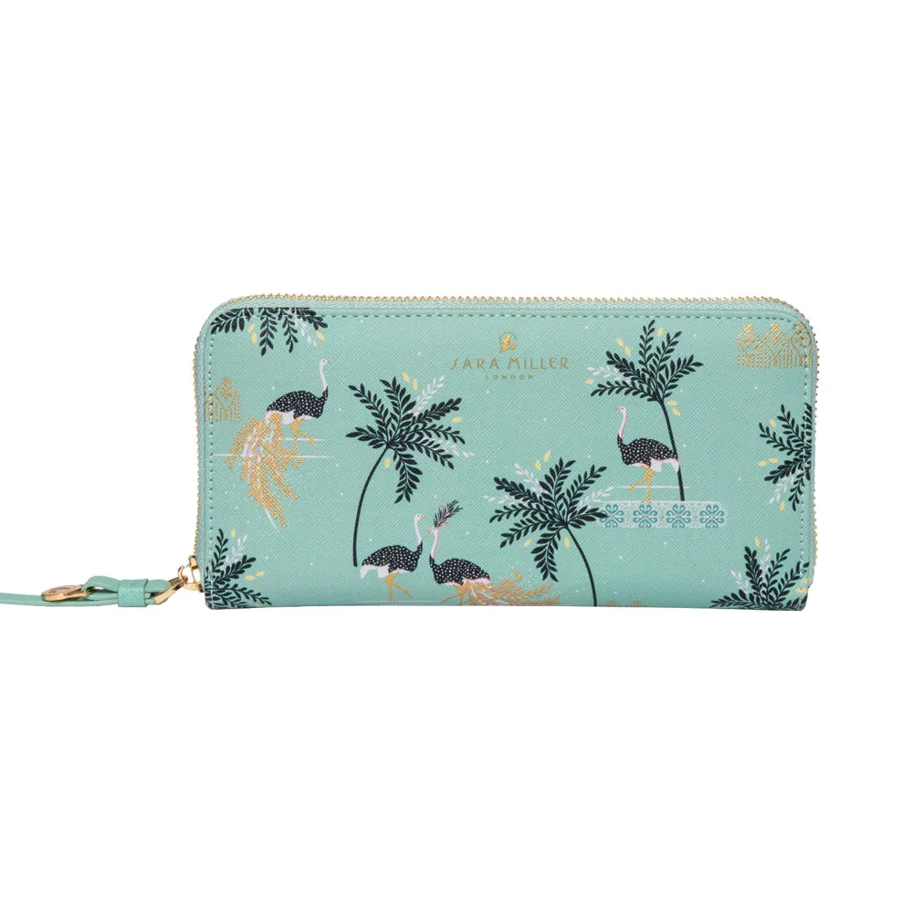 Mint Ostrich & Palms Large Zip Purse