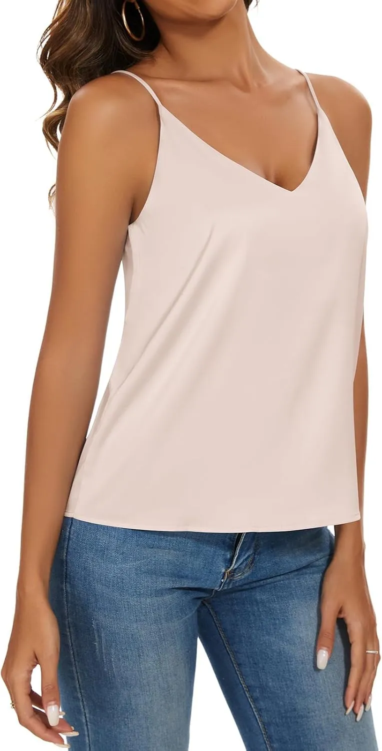 Miqieer Basic Women's Silk Tank Top Ladies V-Neck Camisole Silky Loose Sleeveless Blouse Satin Tank Shirt