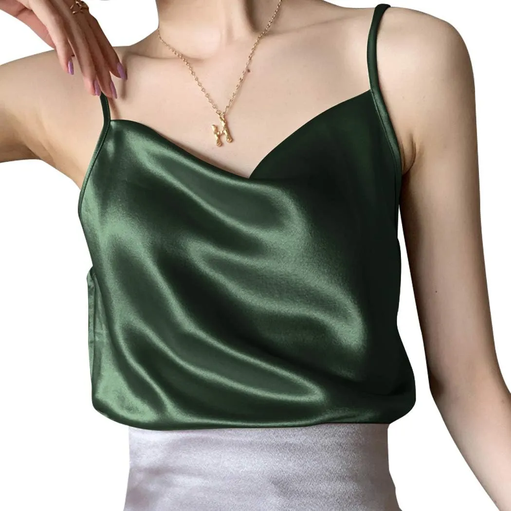 Miqieer Basic Women's Silk Tank Top Ladies V-Neck Camisole Silky Loose Sleeveless Blouse Satin Tank Shirt